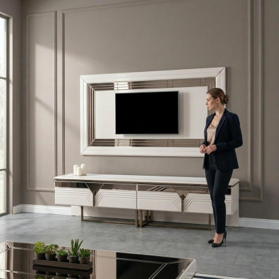 Wunnwand TV Stänner Wandpanel Lowboard RTV Wäiss Holz Sideboard Modern