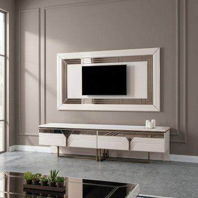 Wunnwand TV Stänner Wandpanel Lowboard RTV Wäiss Holz Sideboard Modern