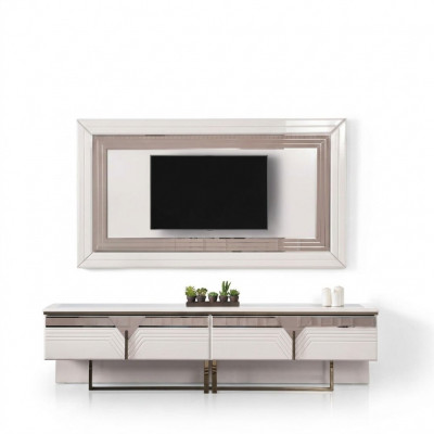 Wunnwand TV Stänner Wandpanel Lowboard RTV Wäiss Holz Sideboard Modern