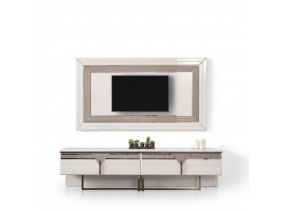 Wunnwand TV Stänner Wandpanel Lowboard RTV Wäiss Holz Sideboard Modern