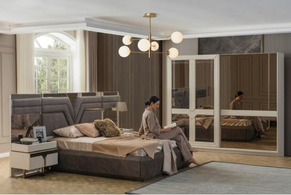 Schlofzëmmer-Garnitur duebel Bett, Bett-Nuechtstëscher 4-Teileg Gri, Schaf