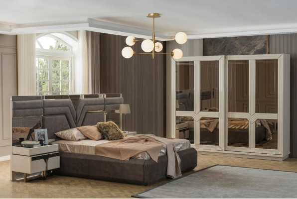 Schlofzëmmer-Garnitur duebel Bett, Bett-Nuechtstëscher 4-Teileg Gri, Schaf