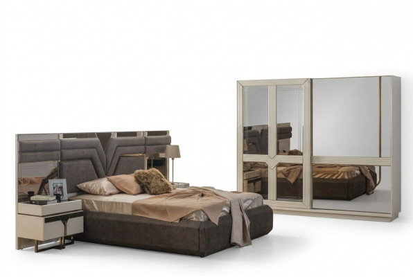 Schlofzëmmer-Garnitur duebel Bett, Bett-Nuechtstëscher 4-Teileg Gri, Schaf