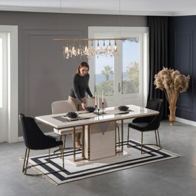 Iesswénkel Iessgrupp Iesszëmmer Iessdësch Still Set 7-Deeler Luxus Wäiss Modern
