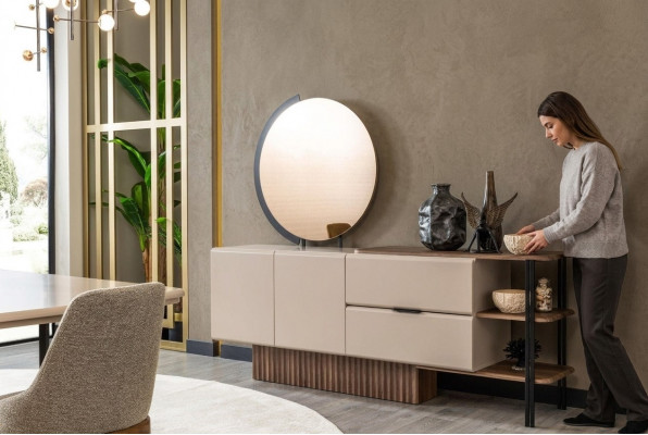 Garnitur Sideboard mat Spigel Beige Holzschaf Schaf Holz Design