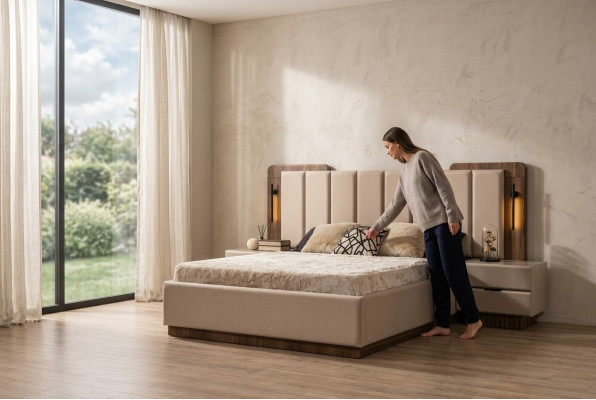 Komplett Schlofzëmmer Duebelbett Bett Nuetsdëscher Beige Stoff 3-Stéck.