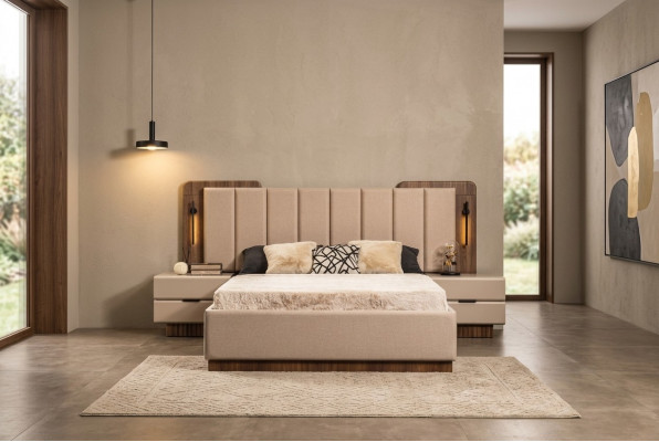 Komplett Schlofzëmmer Duebelbett Bett Nuetsdëscher Beige Stoff 3-Stéck.