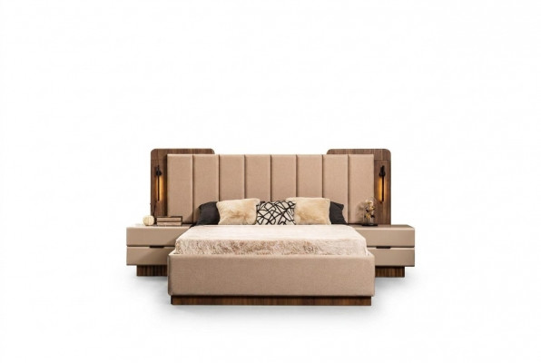 Komplett Schlofzëmmer Duebelbett Bett Nuetsdëscher Beige Stoff 3-Stéck.
