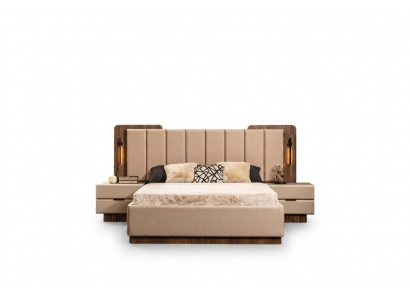 Komplett Schlofzëmmer Duebelbett Bett Nuetsdëscher Beige Stoff 3-Stéck.