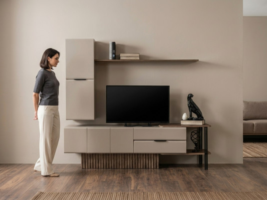 Wunnwand TV-Stänner Wandschaf RTV Lowboard Beige Holz Regaler