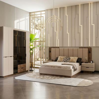Luxus Duebelbett Garnitur Schlofzëmmer Nuetsdëscher 4 Deeler Beige Schaf
