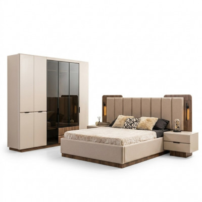 Luxus Duebelbett Garnitur Schlofzëmmer Nuetsdëscher 4 Deeler Beige Schaf
