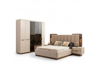 Luxus Duebelbett Garnitur Schlofzëmmer Nuetsdëscher 4 Deeler Beige Schaf