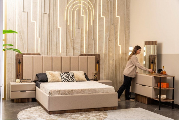 Schlofkummer Garnitur Duebelbett Nuetstiesch Beige Stoff 4tlg Schmink.