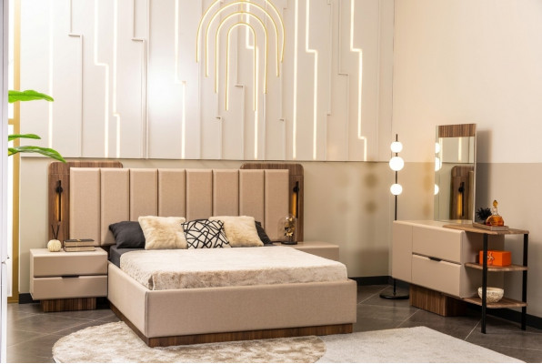 Schlofkummer Garnitur Duebelbett Nuetstiesch Beige Stoff 4tlg Schmink.