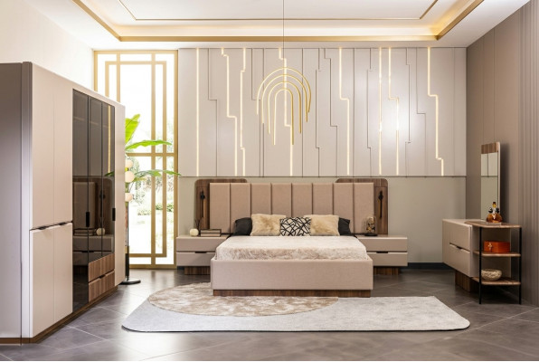 Duebellbett Garnitur Nuetsdëscher Beige Stoff 5tlg Schmink Schaf Bett