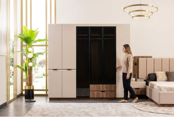 Kleederschaf Holzkascht Beige Schlofzëmmertschaf Kascht Modern