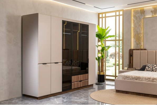 Kleederschaf Holzkascht Beige Schlofzëmmertschaf Kascht Modern