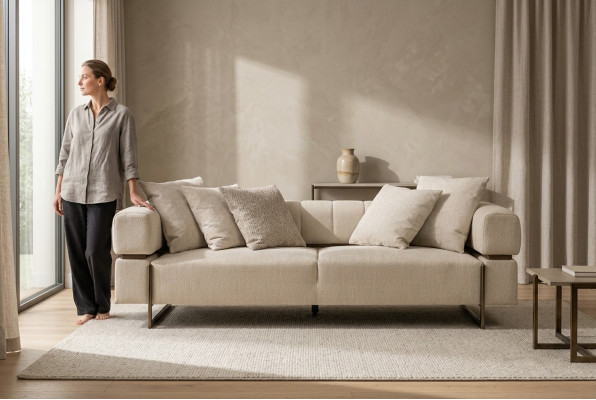 Crème dräisëtzer Designer-Stoffsofa Polstermöbel Luxuséisegen 3-Sëtzer