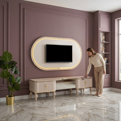 Modern beige Wunnmauer Garnitur Designer RTV-Lowboard Wandpanel 2-Stéck