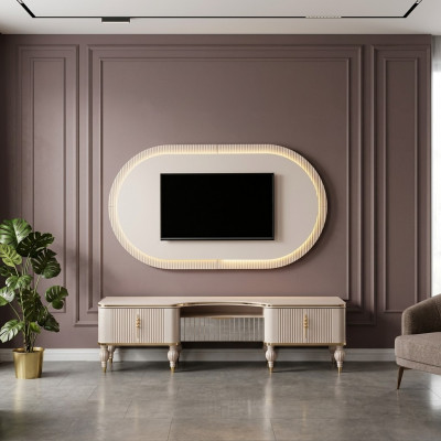 Modern beige Wunnmauer Garnitur Designer RTV-Lowboard Wandpanel 2-Stéck