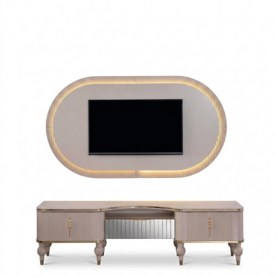 Modern beige Wunnmauer Garnitur Designer RTV-Lowboard Wandpanel 2-Stéck