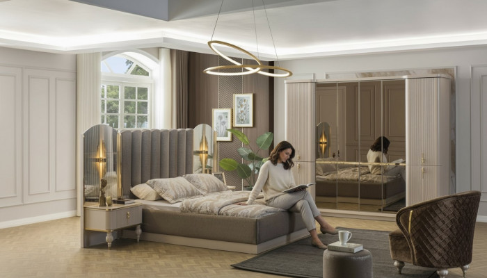 Luxuriéis Schlofzëmmer Designer Duebelbett Kleederschaf Nuetsdëscher