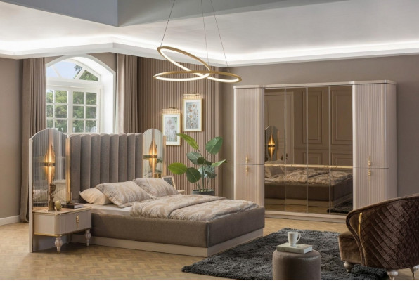Luxuriéis Schlofzëmmer Designer Duebelbett Kleederschaf Nuetsdëscher