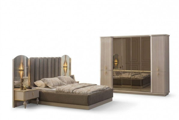 Luxuriéis Schlofzëmmer Designer Duebelbett Kleederschaf Nuetsdëscher