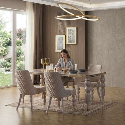 Dunkel-Beige Iessgruppier Designer Holz Iessdësch x6 Still 7tlg Luxus Set