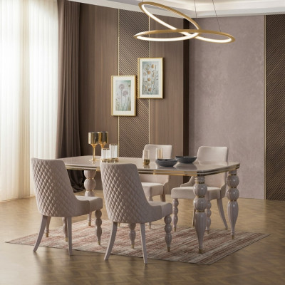 Dunkel-Beige Iessgruppier Designer Holz Iessdësch x6 Still 7tlg Luxus Set
