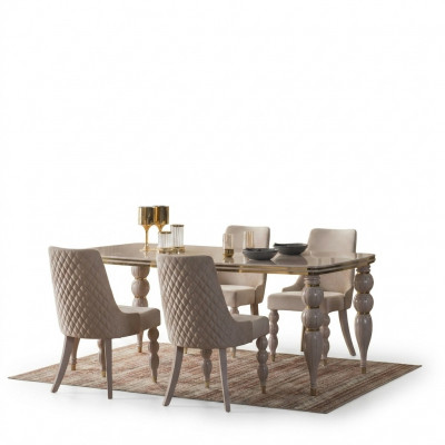 Dunkel-Beige Iessgruppier Designer Holz Iessdësch x6 Still 7tlg Luxus Set