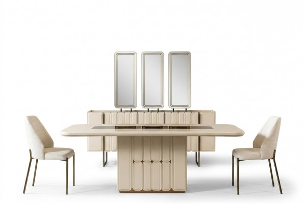 Modern wäisst Iesszëmmer Set Iessdësch Sideboard Still x3 Spigel 9 Deeler