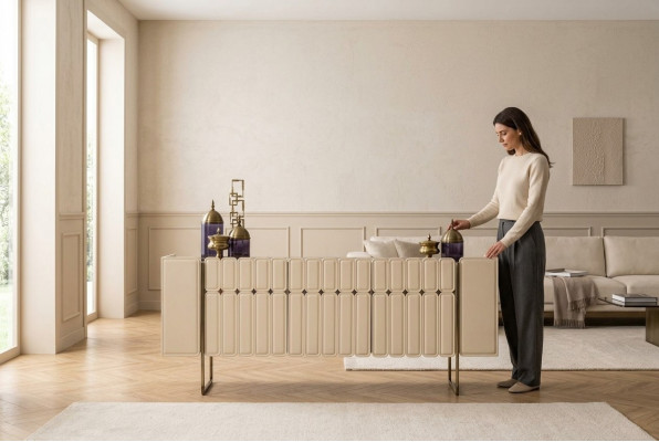 Beige Holzgefaasst Designer Kommode Sideboard Holzschaf Luxus Miwwelstéck