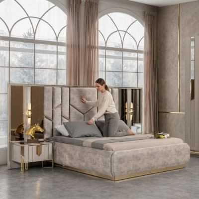 Schlofzëmmer Duebelbett Garnitur Bett Nuetsdëscher 3tlg Beige Luxus