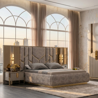 Schlofzëmmer Duebelbett Garnitur Bett Nuetsdëscher 3tlg Beige Luxus