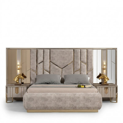 Schlofzëmmer Duebelbett Garnitur Bett Nuetsdëscher 3tlg Beige Luxus