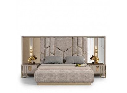 Schlofzëmmer Duebelbett Garnitur Bett Nuetsdëscher 3tlg Beige Luxus
