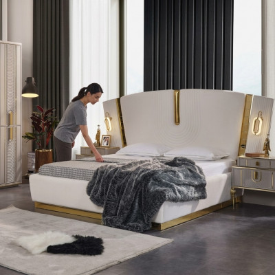 Schlofzëmmer Duebelbett Garnitur Bett Nuetsdëscher Wäiss 3tlg Luxus