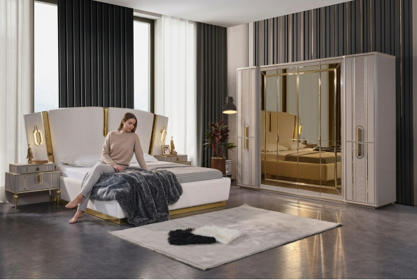 Duebelbett Garnitur Schlofzëmmer Bett Nuetsdëscher 4tlg Beige Schaf