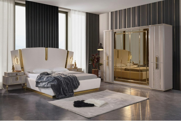 Duebelbett Garnitur Schlofzëmmer Bett Nuetsdëscher 4tlg Beige Schaf