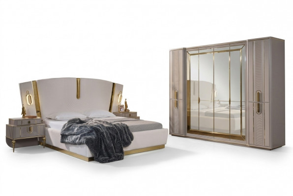 Duebelbett Garnitur Schlofzëmmer Bett Nuetsdëscher 4tlg Beige Schaf