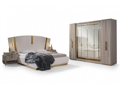 Duebelbett Garnitur Schlofzëmmer Bett Nuetsdëscher 4tlg Beige Schaf