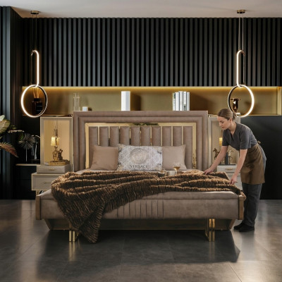 Komplett Schlofzëmmermiwwelen Duebelbett Bett Nuetsdëscher Beige 3 Deeler.