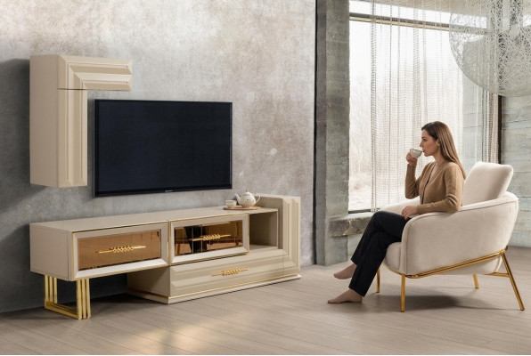 Wunnwand RTV Lowboard Sideboard TV Ständer Wandschaf Beige Modern