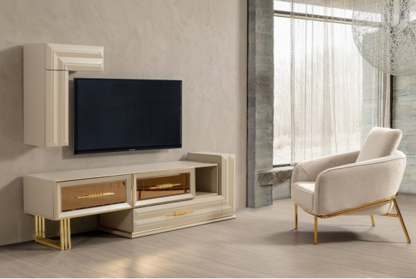 Wunnwand RTV Lowboard Sideboard TV Ständer Wandschaf Beige Modern