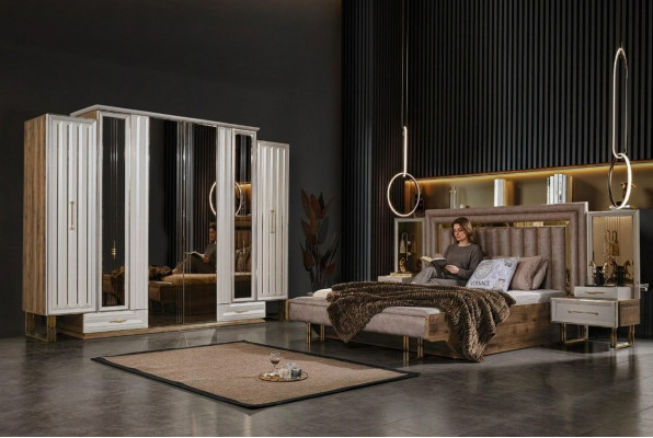 Komplett Schlofkamméismöbel Duebelbett Bett Nuetsdëscher Beige 4 Stéck