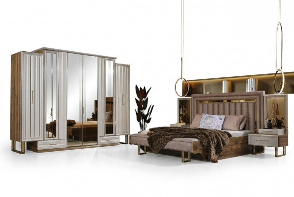 Komplett Schlofkamméismöbel Duebelbett Bett Nuetsdëscher Beige 4 Stéck
