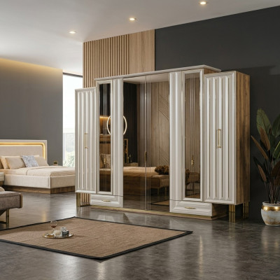 Luxus Kleederschaf aus Holz mat Spigel a Beige.