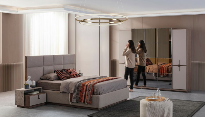 Komplett d'Schlofzëmmer duebel Bett Bett Nuetsdëscher Gro 4-deelege Schaf